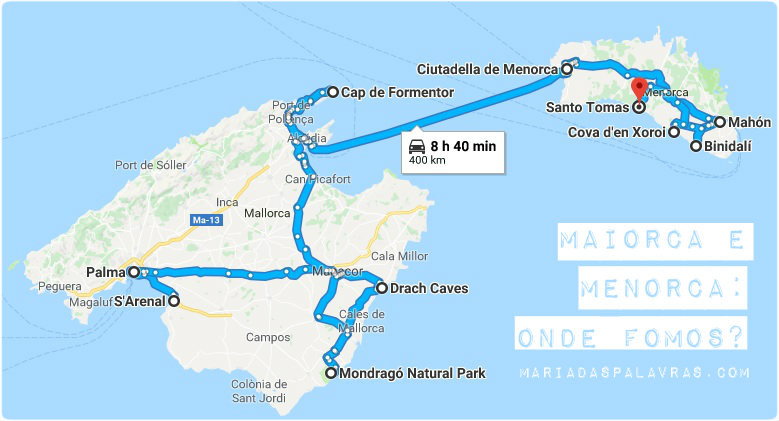 Mapa Maiorca e Menorca | Percurso Maria das Palavras nas Ilhas Baleares