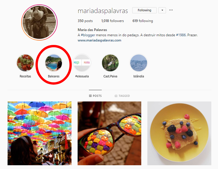 Instagram Maria das Palavras - Stories sobre as Baleares