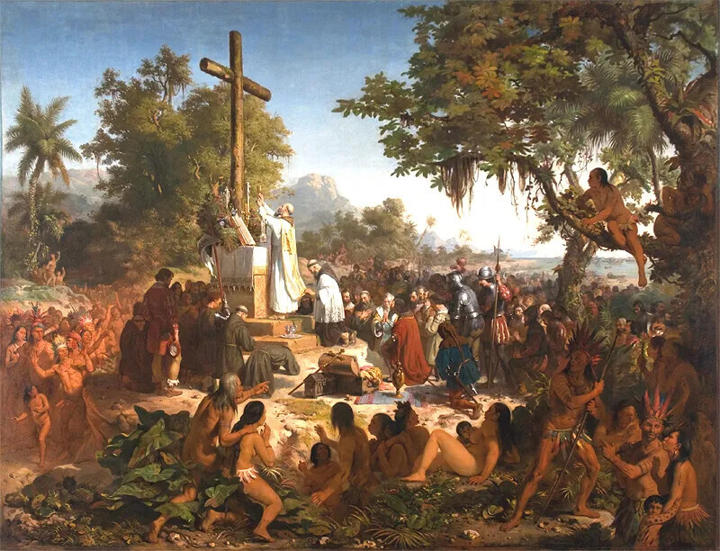 “A Primeira Missa no Brasil”, quadro de Victor Meirelles (1860), apresenta o episódio de maneira esterilizada, sem conflitos ou contradições. Uma espécie de precursor do mito da democracia racial.