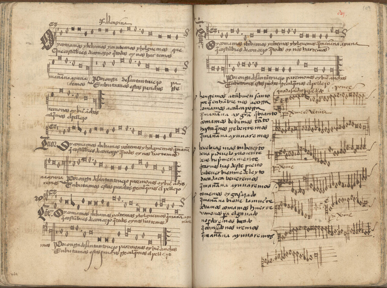 Juan del Enzina, Oy comamos y bevamos, c. 1495. «Cancionero Musical de Palacio» [Cancionero de Barbieri], séc. XV-XVI, fs. cv [v.]., cvi [r.].
