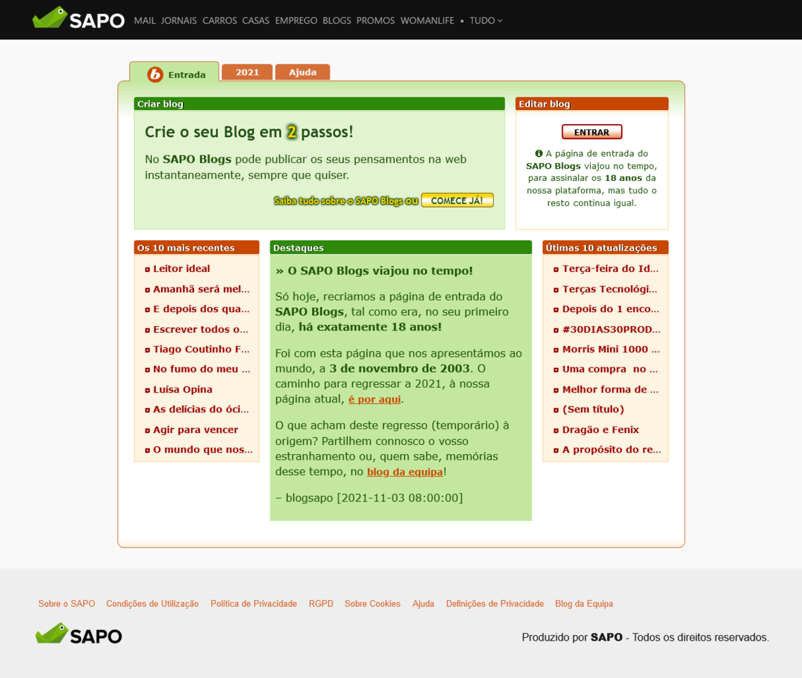 A página comemorativa dos 18 anos do SAPO Blogs