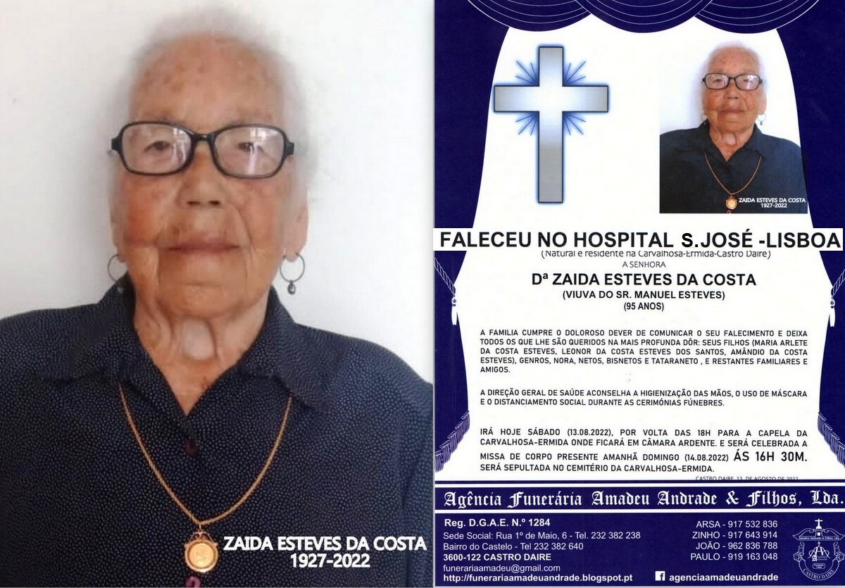 FOTO RIP  DE ZAIDA ESTEVES DA COSTA-95 ANOS (CARVA