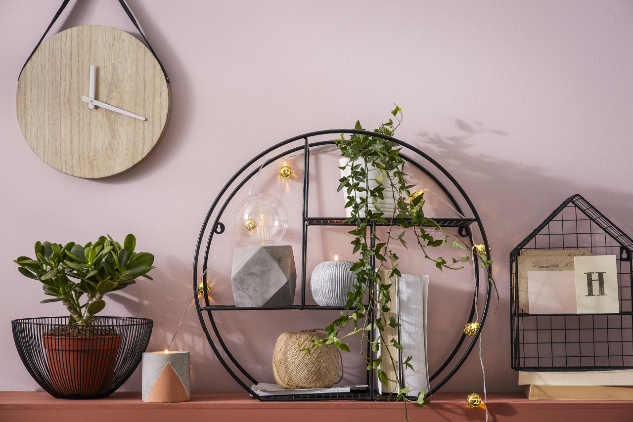 Black Wire Basket €14, Natural Clock €9, Cemen