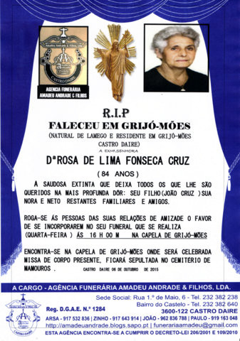 RIP- DE ROSA DE LIMA FONSECA CRUZ-84 ANOS (GRIJO-M