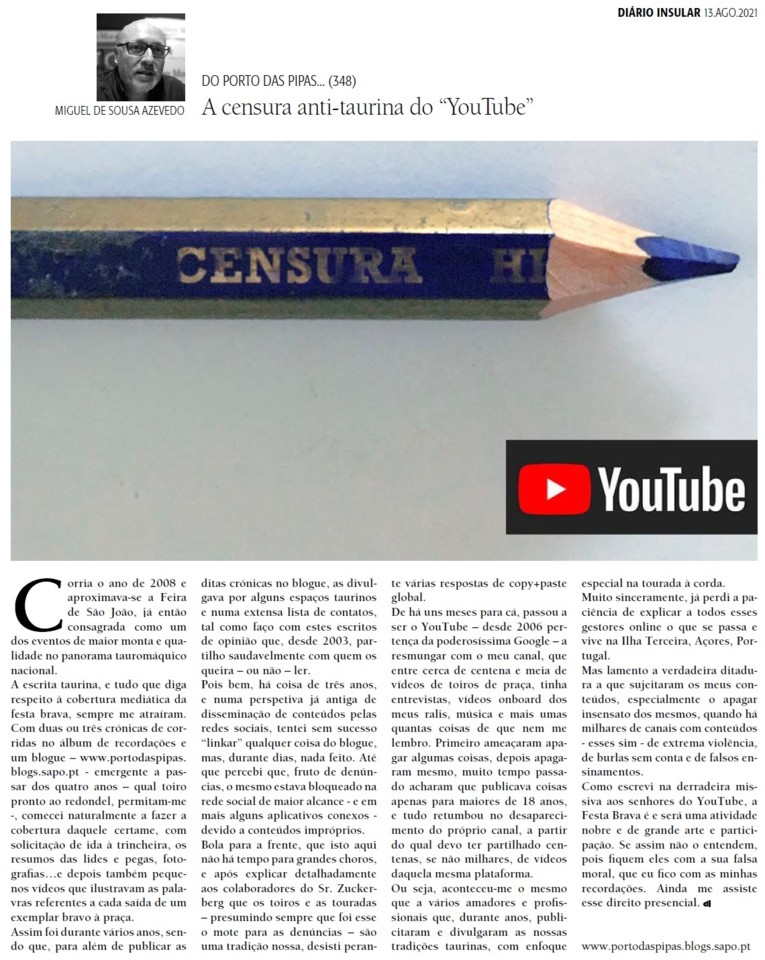 127 A censura anti taurina do YouTube - DI 13AGO21