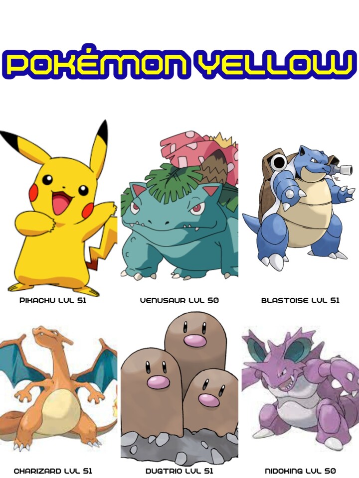 Pokémon Yellow team - Pikachu, Venusaur, Blastoise, Charizard, Dugtrio, Nidoking