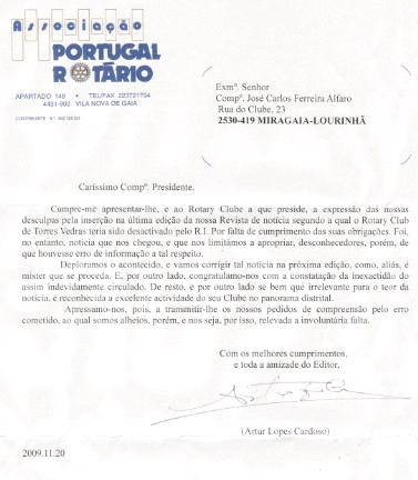 Carta enviada pelo Editor do Portugal Rotário, pedindo desculpa pela
