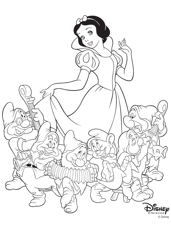 Desenho para colorir com a branca de neve e os sete anões