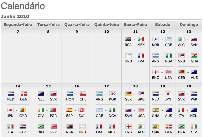 Especial Copa do Mundo FIFA 2010 – Informações, calendário