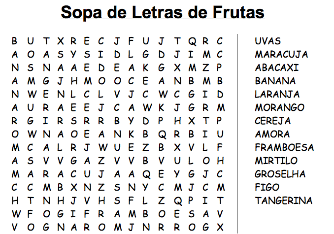 Sopa de Letras de Frutas para Imprimir - Brinquedos de Papel