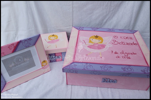 Caixa grande de batizado, caixa de recordações de bebé e moldura 