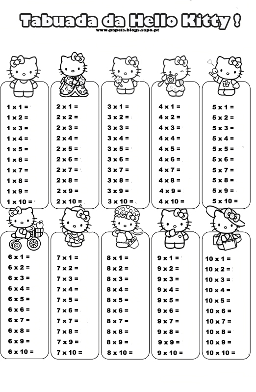 Tabuada da Hello Kitty Para Colorir - Atividades de Matematica