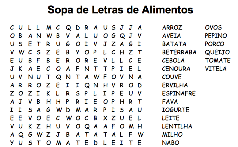 Sopa de Letras de Alimentos para Imprimir - Brinquedos de Papel