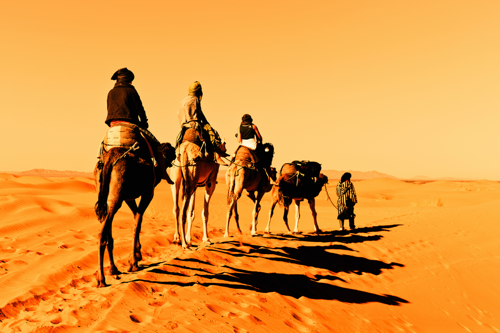 Camel-caravan-going-through-the-sand-dunes