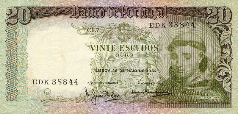 20$00: chapa 7; Santo António (Bamco de Portugal, 1965)