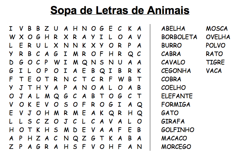 SOPA de LETRAS em Português para Crianças em COQUINHOS